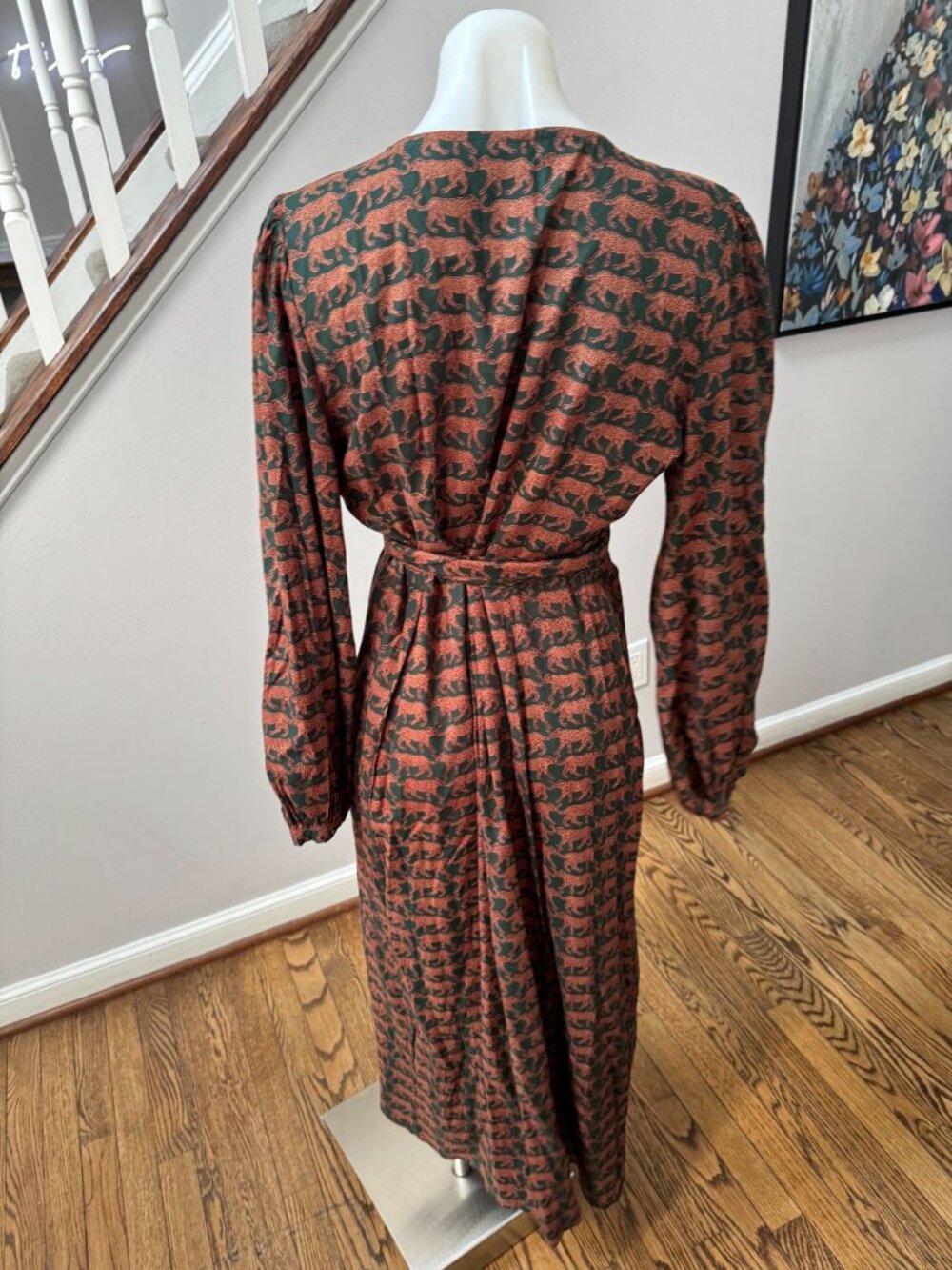 Emerson Fry India Collection Cheetah Tiger Walking Print Wrap Bishop Dress Large - Picture 3 of 3